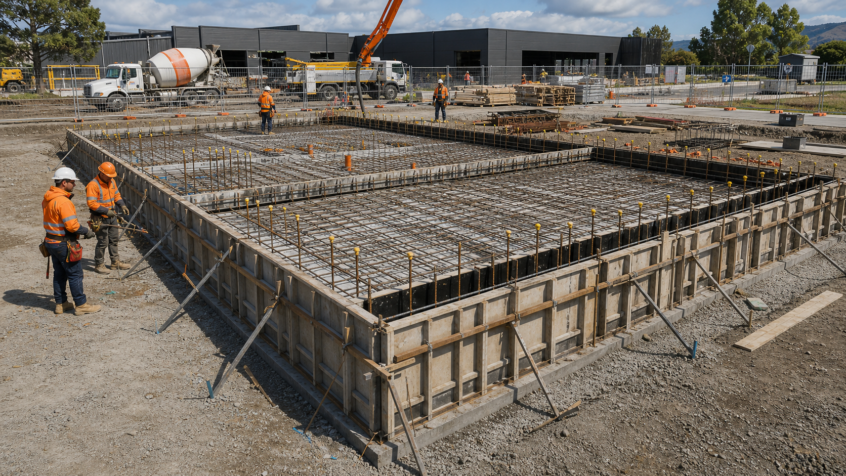 Residential and commercial concrete formwork set out with workers safely outside the formwork