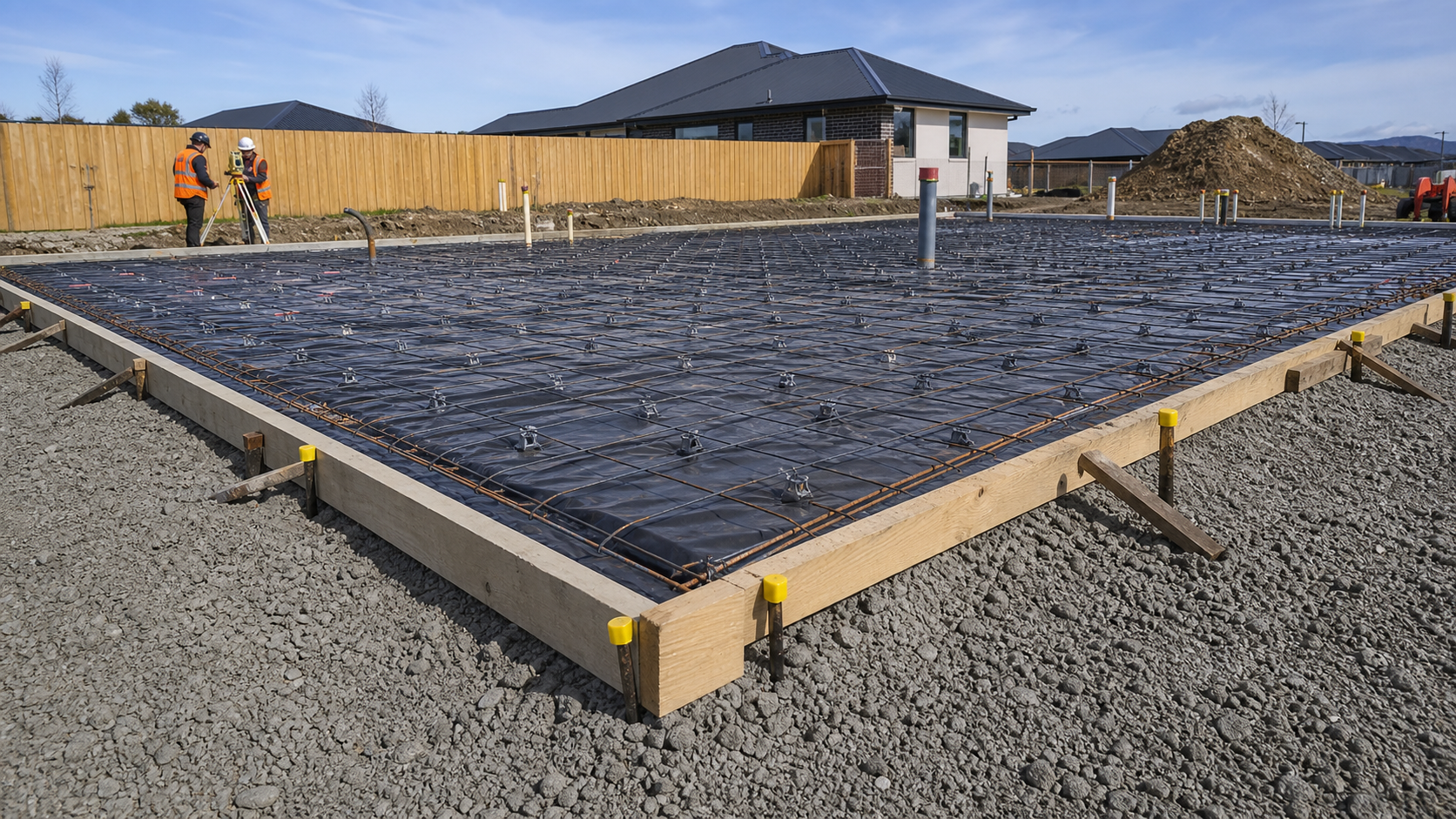Prepared floor slab area with reinforcing mesh, slab edge formwork, and foundation boxing