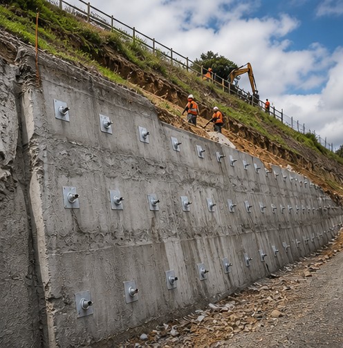 Engineered retaining wall with soil nails and stabilised ground for concrete wall works
